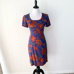 Vintage Floral Navy Orange Pencil Dress Size XS Short Sleeve Scoop Neck Handmade